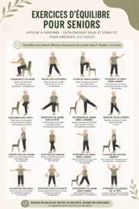 Affiche illustrant des exercices d'équilibre pour seniors pour prévenir les chutes.