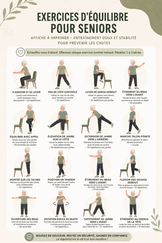 Affiche illustrant des exercices d'équilibre pour seniors pour prévenir les chutes.
