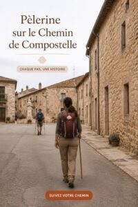 Femmes marchant sur le chemin de Santiago, entourées de paysages magnifiques et montagneux.