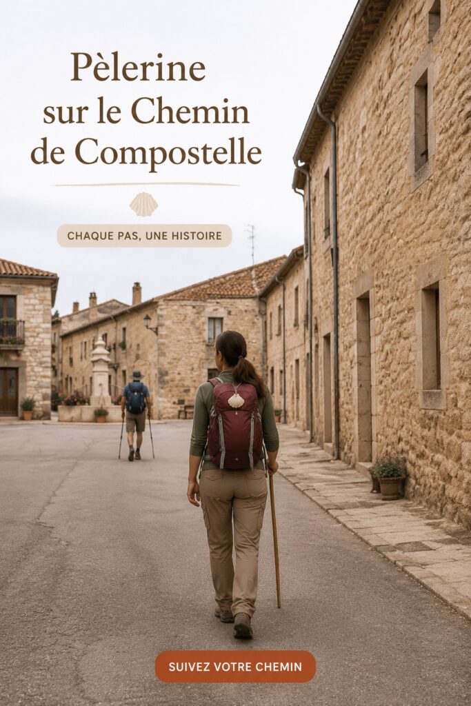 Femmes marchant sur le chemin de Santiago, entourées de paysages magnifiques et montagneux.