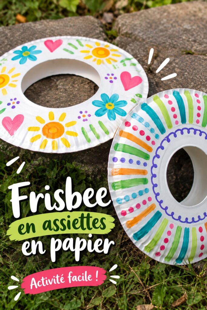 Un frisbee coloré fait d'une assiette en papier, prêt à être lancé dans le jardin