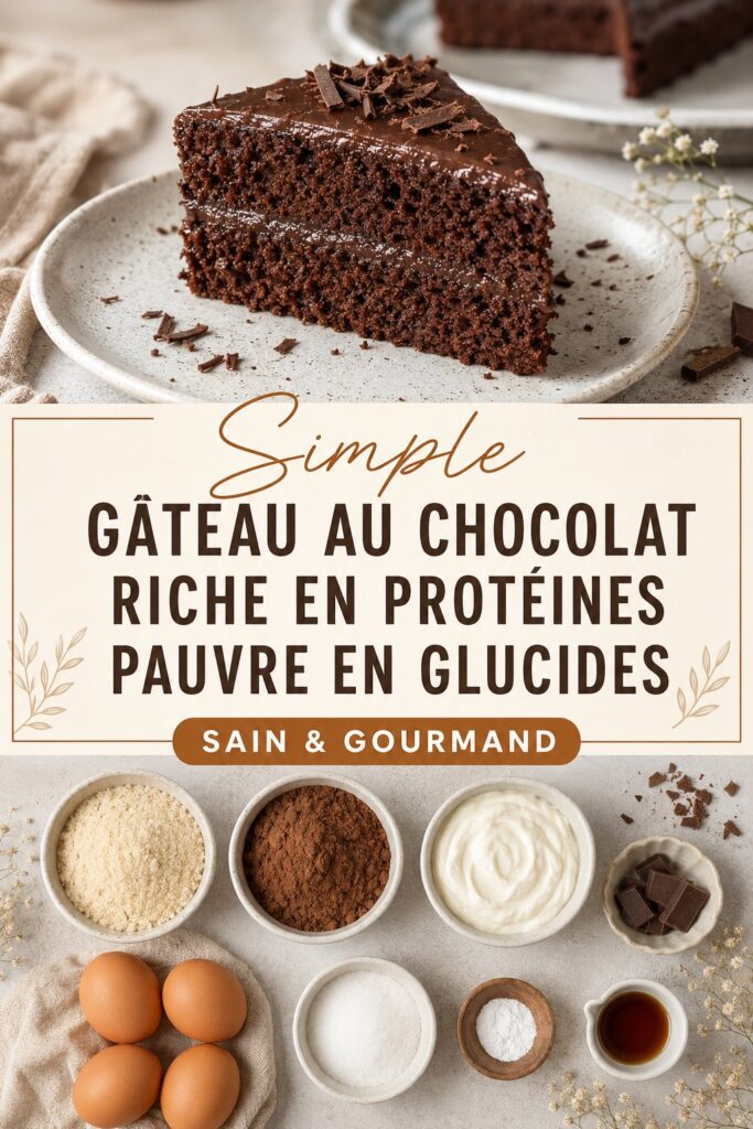Gâteau au chocolat simple et protéiné sur une table avec des décorations saines