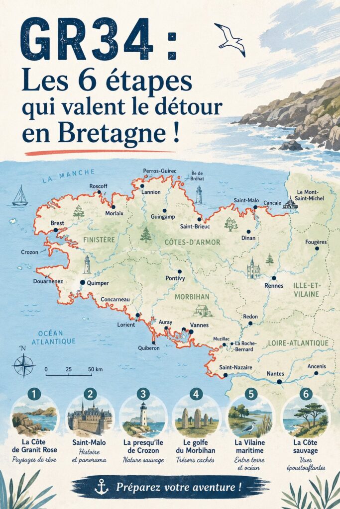Vue sur la côte bretonne depuis le GR34, illustrant la beauté naturelle du sentier.