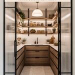Photographie d'un élégant garde-manger organisé avec des bocaux étiquetés et des étagères bien remplies.