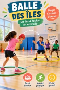 Image d'un groupe d'élèves jouant à Island Ball dans une cour d'école, encourageant le travail d'équipe et l'amusement.