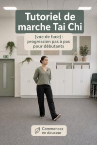 Femme pratiquant la marche Tai Chi dans un parc, découvrant la sérénité