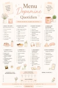 Menu dopamine quotidien illustrant des activités de self-care pour le bien-être des femmes