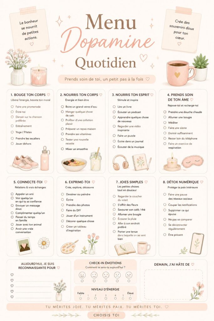 Menu dopamine quotidien illustrant des activités de self-care pour le bien-être des femmes