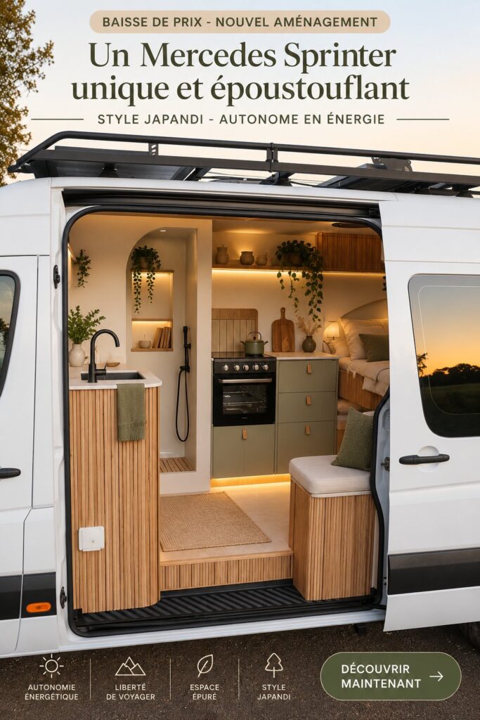 Mercedes Sprinter au style Japandi garé en pleine nature, prêt pour une aventure.
