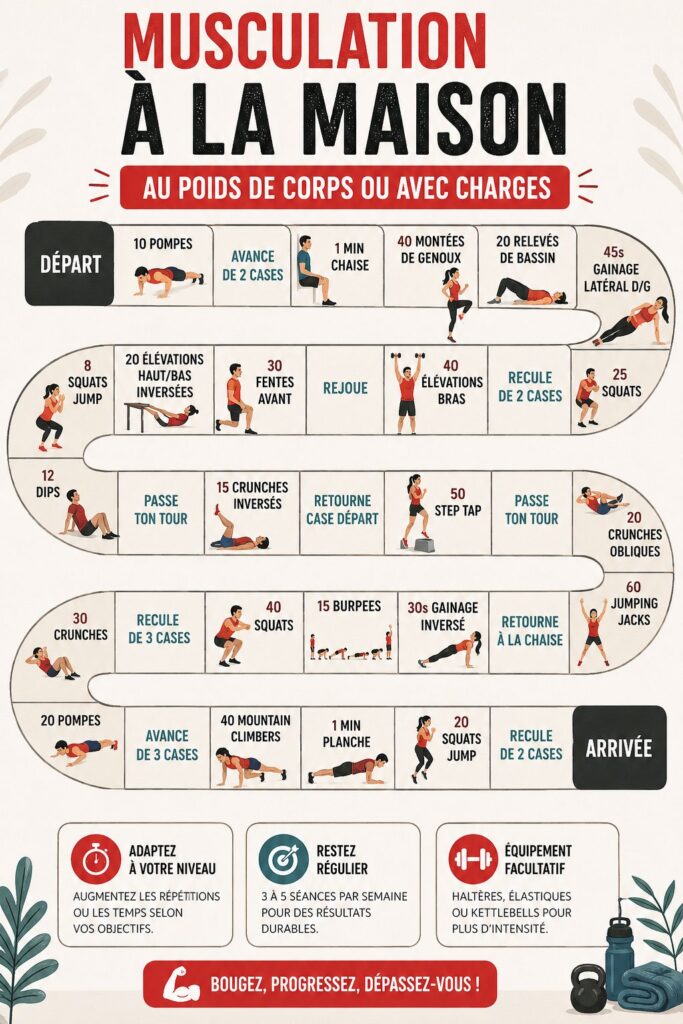 Illustration d'une femme s'entraînant à la maison avec des poids légers.