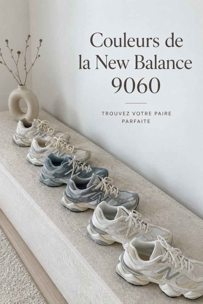 Paire de New Balance 9060 colorées sur un fond neutre, montrant les différentes teintes disponibles.