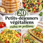 Assortiment de petits déjeuners végétaliens riches en protéines, comprenant smoothies, pancakes et bowls.