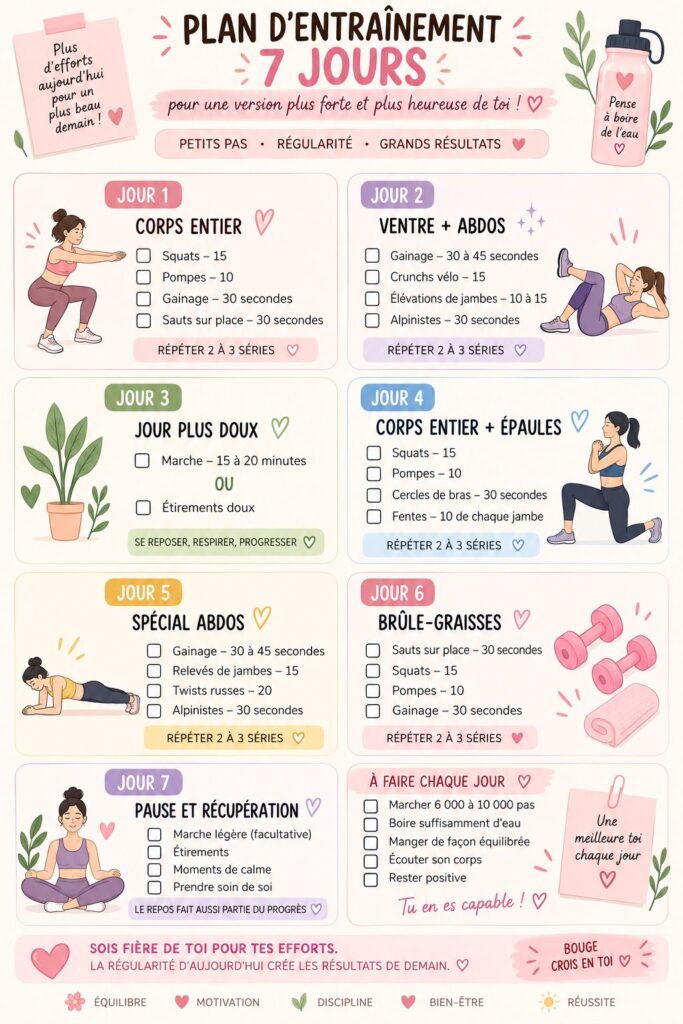 Femme souriante en train de réaliser un exercice de fitness à la maison, représentant un plan d'entraînement motivant.