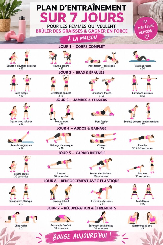 Femme exécutant des exercices à domicile pour brûler des graisses et renforcer sa musculature.