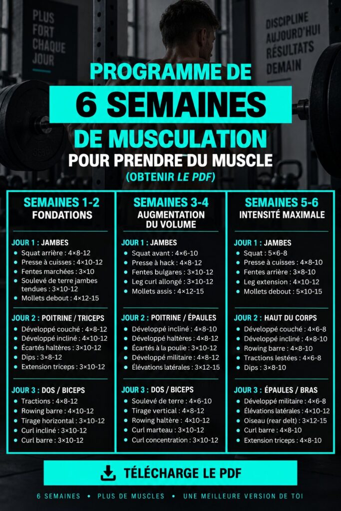 Plan d'entraînement pour l'hypertrophie sur 6 semaines, incluant des exercices variés et des conseils adaptés aux femmes.