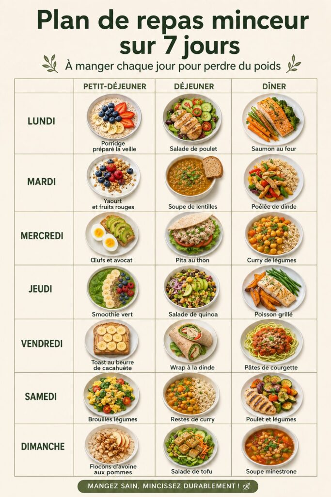 Plan de repas équilibré pour 7 jours pour aider à la perte de poids