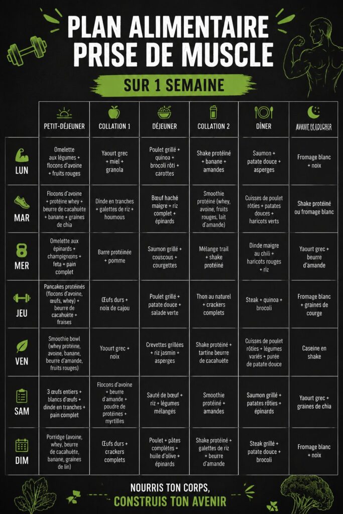 Plan de repas pour prendre du muscle sur une semaine