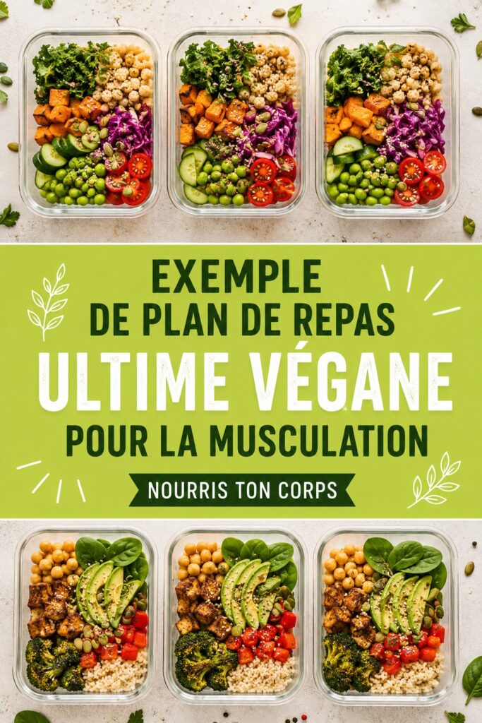 Plan de repas végane pour la musculation avec des plats sains et colorés.