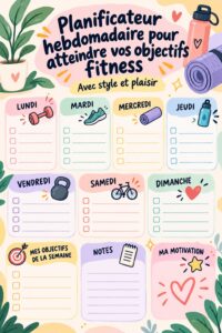 Une femme consultant son planificateur fitness esthétique avec des notes colorées