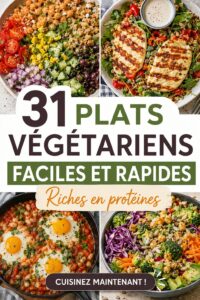 Assortiment de plats végétariens riches en protéines, colorés et appétissants sur une table.