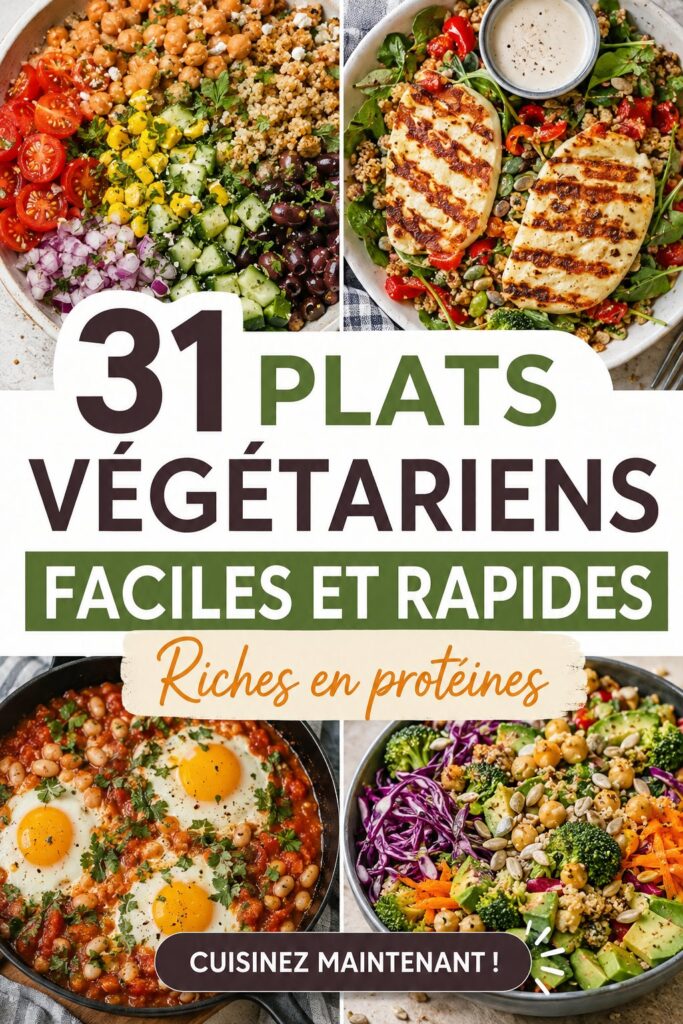 Assortiment de plats végétariens riches en protéines, colorés et appétissants sur une table.