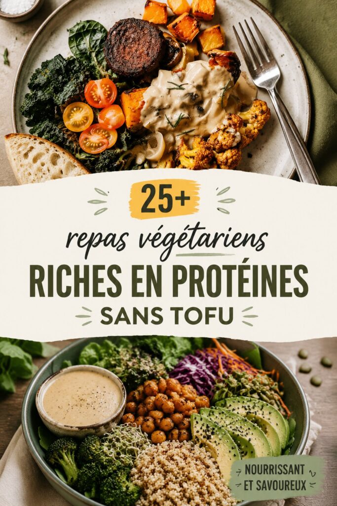 Plats végétariens riches en protéines sans tofu, présentés sur une table.
