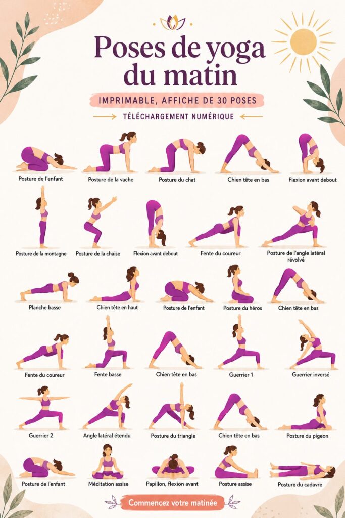 Affiche imprimable de 30 poses de yoga du matin, inspirante et pratique.