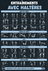 Poster d'exercices avec haltères accroché sur un mur, illustrant divers mouvements.