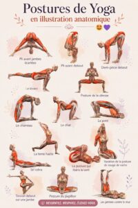 Illustration des postures de yoga avec des éléments anatomiques. Une manière d'apprendre comment chaque mouvement affecte le corps.