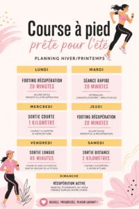 Femme courant sous le soleil d'été avec un programme d'entraînement visible.