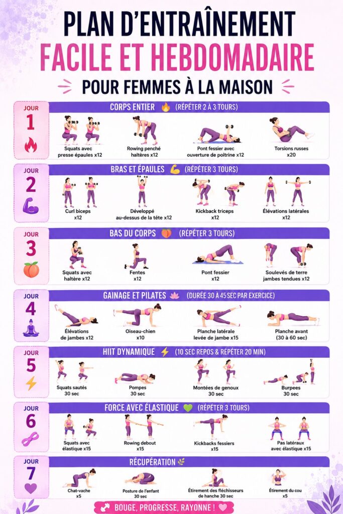 Femmes s'entraînant à la maison avec un programme d'exercises hebdomadaire