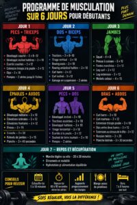 Programme de gym pour débutantes sur 6 jours, avec des équipements de fitness visibles.