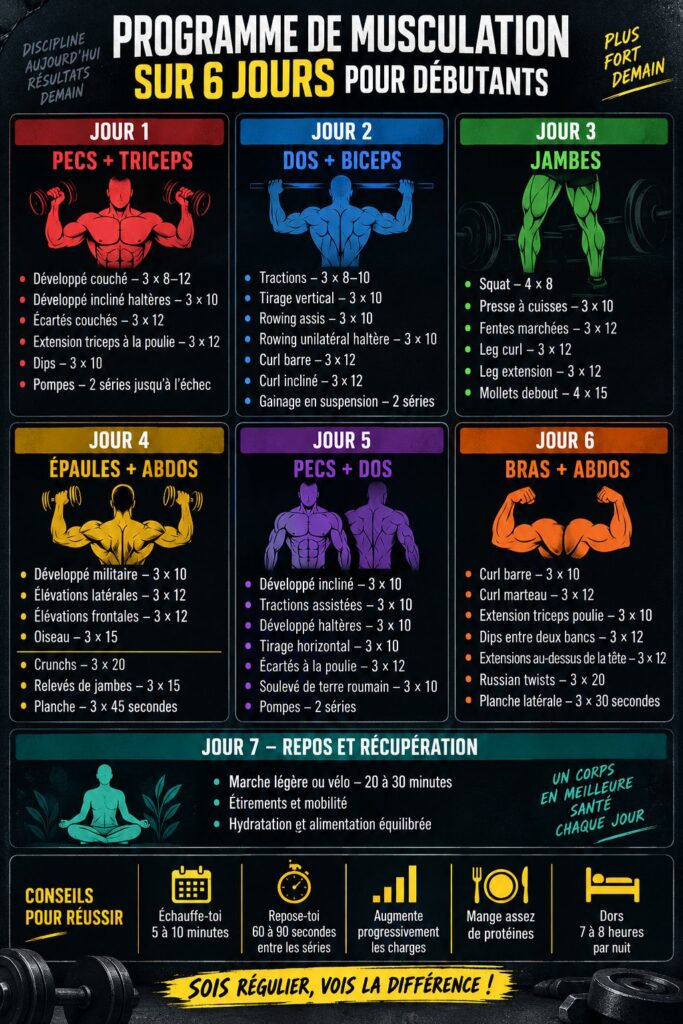Programme de gym pour débutantes sur 6 jours, avec des équipements de fitness visibles.