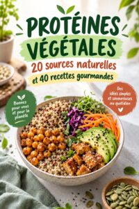 Assiette colorée avec des recettes vegan riches en protéines végétales.