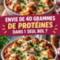 Bol de recette riche en protéines avec légumes et graines, contenant 40 g de protéines