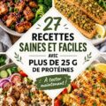 Assiette colorée avec des recettes protéinées saines, incluant viande, légumes et céréales.