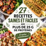 Assiette colorée avec des recettes protéinées saines, incluant viande, légumes et céréales.