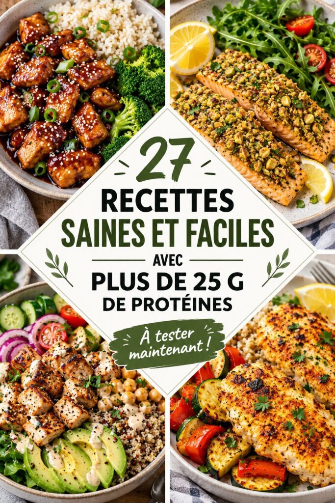 Assiette colorée avec des recettes protéinées saines, incluant viande, légumes et céréales.