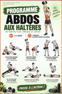 Femme effectuant des exercices d'abdominaux avec des haltères dans un cadre lumineux