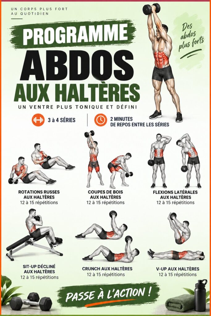 Femme effectuant des exercices d'abdominaux avec des haltères dans un cadre lumineux