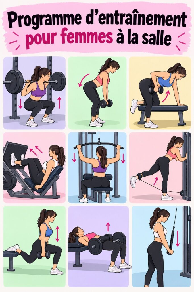 Femme dans une salle de gym, en pleine séance d'entraînement