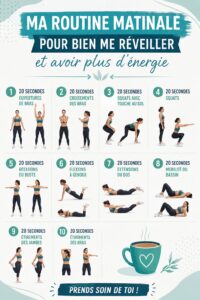 Femme heureuse en train de pratiquer une routine matinale énergisante avec du yoga et un grand verre d'eau.
