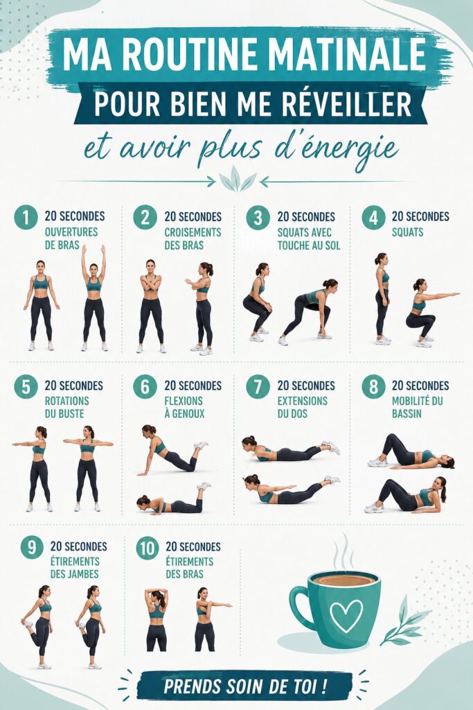 Femme heureuse en train de pratiquer une routine matinale énergisante avec du yoga et un grand verre d'eau.