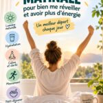 Femme souriante pratiquant le yoga le matin dans un environnement ensoleillé, reflétant une routine matinale énergisante.