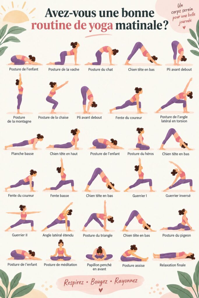 Femme pratiquant le yoga matinal dans un cadre apaisant, illustrant une routine revitalisante.