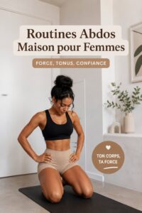 Femme en train de faire des abdos à la maison, sur un tapis de yoga.