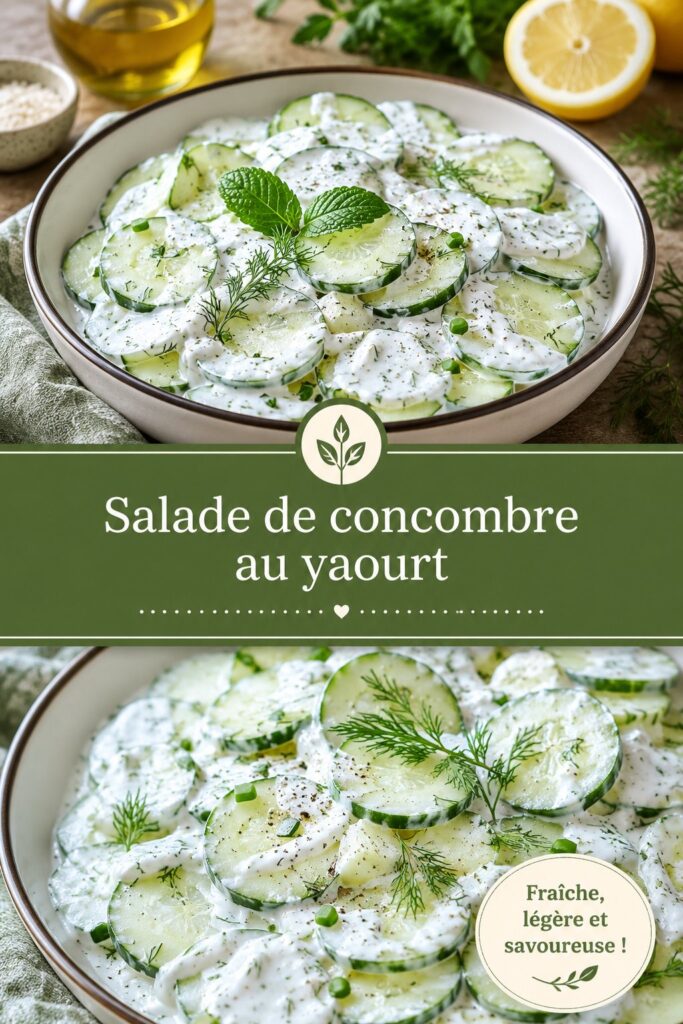 Salade de concombre au yaourt fraîche et colorée sur une table en bois