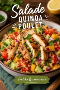 Salade de quinoa au poulet avec des légumes colorés dans un bol