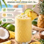 Smoothie tropical ananas-coco-citron vert dans un verre avec décoration de fruits