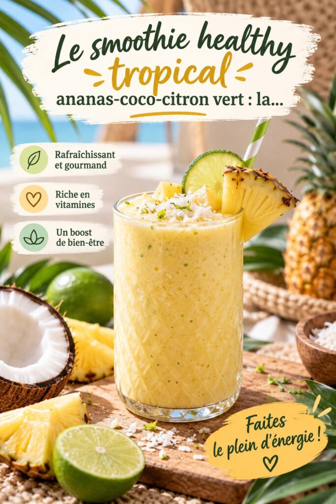 Smoothie tropical ananas-coco-citron vert dans un verre avec décoration de fruits